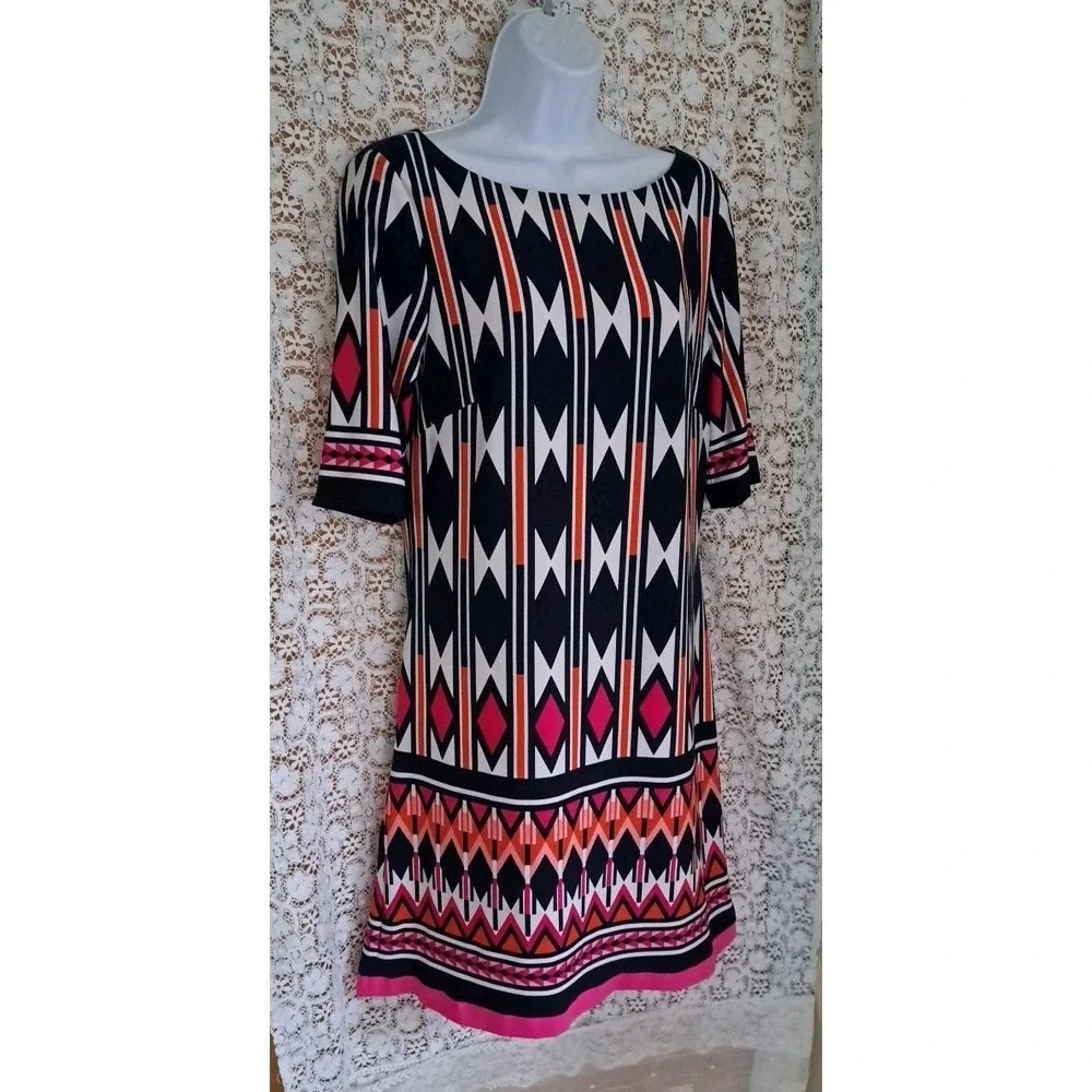 Eliza J Shift Dress 12 Abstract Print Artsy Stretch‎ Knit Lined Back Zip Beachy